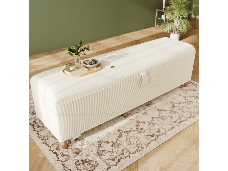  Banc de lit 175 x 38 x 46 cm beige en velours cotele, coffre de rangement a ouverture hydraulique  - Conforama B