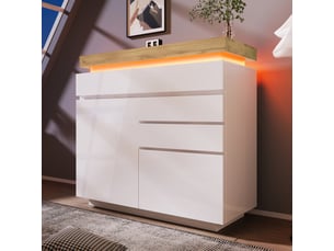 Buffet haut blanc brillant, 2 portes et 3 tiroirs, led et contrôle par app, meuble salonchambre 115×110×39 cm