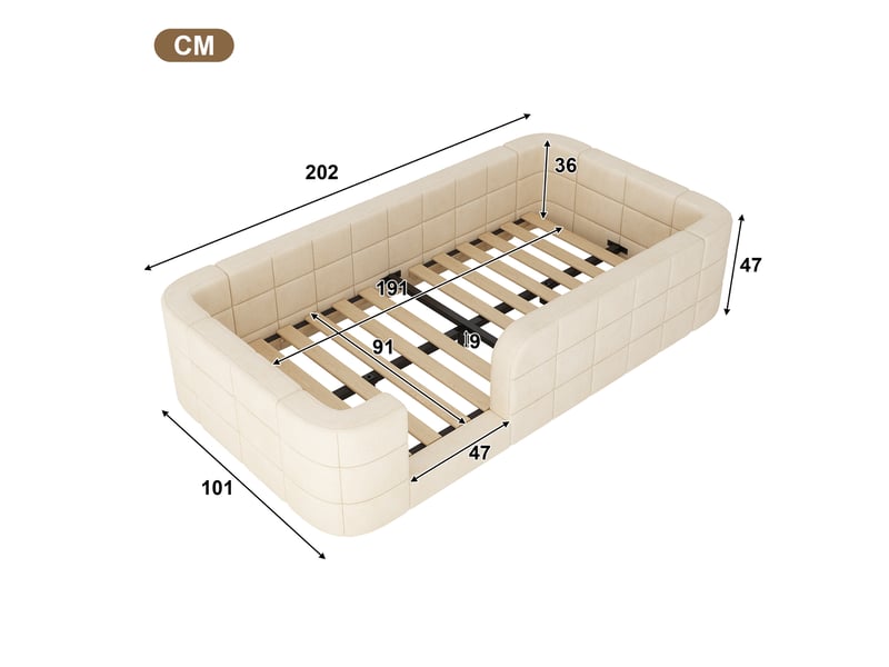 Lit enfant rembourré au sol 90x190 cm, capitonné en chenille, avec contour rembourré et entrée, avec sommier à lattes inclus, sans matelas, beige Luxe haut de gamme - Conforama C
