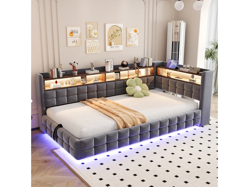 Lit coffre 90x200 cm - lit simple avec rangement hydraulique - tête de lit led, usb & type-c - étagères - gris - Conforama B