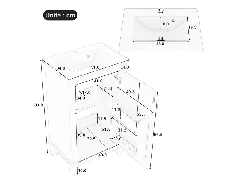  Petit meuble salle de bain 51cm sur pied avec vasque céramique blanc  - Conforama E
