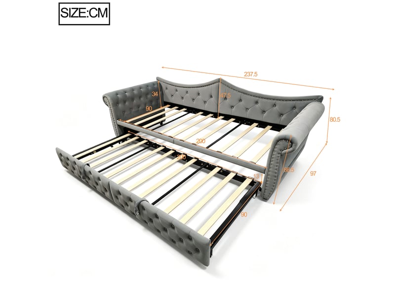 Lit gigogne 90x200 cm en velours gris avec led et port usb - Conforama C