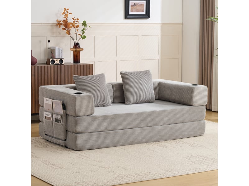  Canapé convertible de sol pliable avec accoudoirs et porte-gobelets  - rangement latéral velours côtelé gris clair  - Conforama B