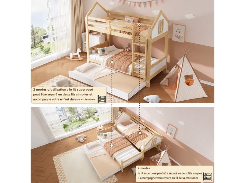  Lit superposé enfant 90 x 200 cm avec lit gigogne 90 x 190 cm, 3 couchages, échelle et barrières, blanc et naturel  - Conforama D