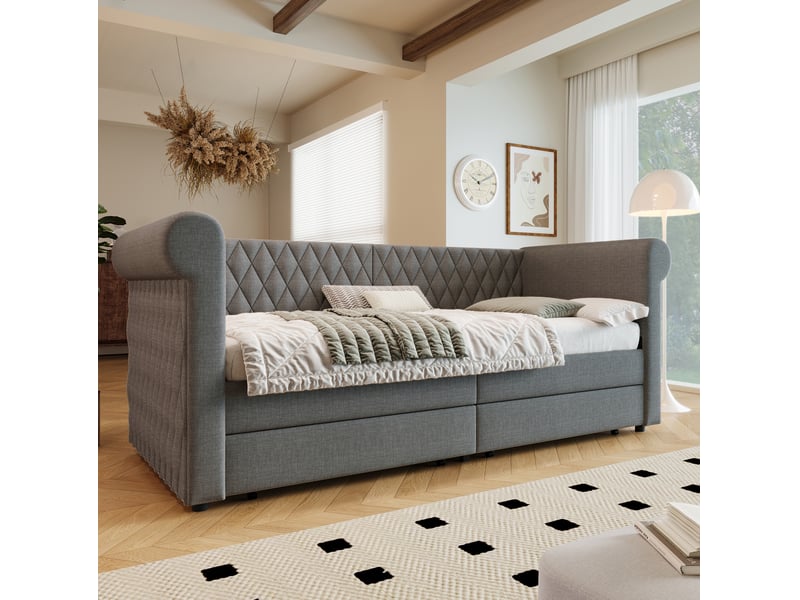  Modenvie lit banquette 90x200 cm - 2 tiroirs de rangement, sommier inclus, sans matelas - gris  - Conforama E