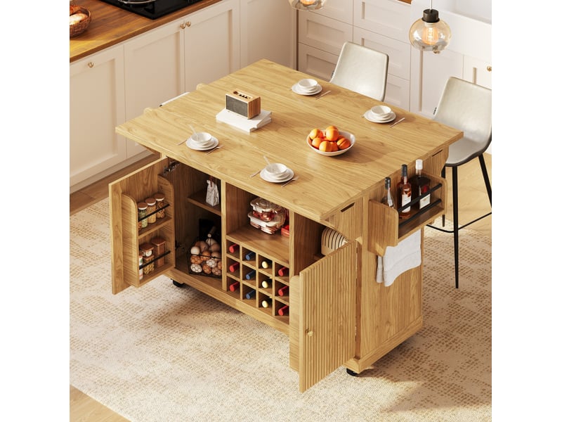  Desserte de cuisine mobile avec plateaux rabattables, étagères réglables et range-bouteilles amovible en mdf naturel  - Conforama B