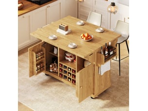 Desserte de cuisine mobile avec plateaux rabattables, étagères réglables et range-bouteilles amovible en mdf naturel