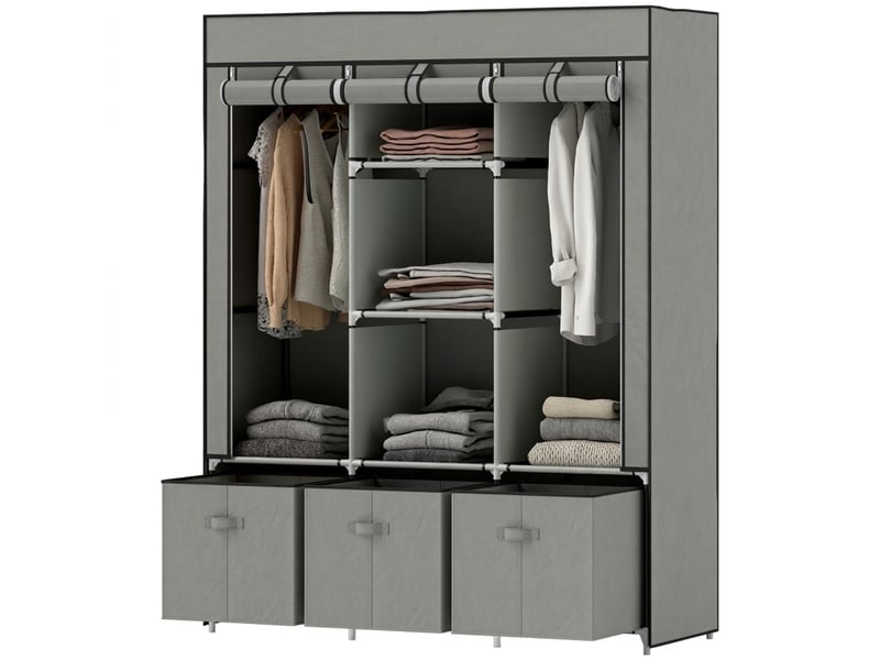  Armoire en tissu gris clair avec 2 tringles et 3 tiroirs, penderie pliante anti-poussière, 125x43x162,5 cm  - Conforama A