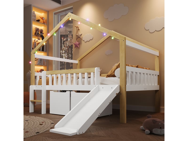 Lit mezzanine enfant 120 x 200 cm - avec 2 tiroirs - avec toboggan et échelle - guirlande lumineuse à disposition libre - blanc + naturel - Conforama E