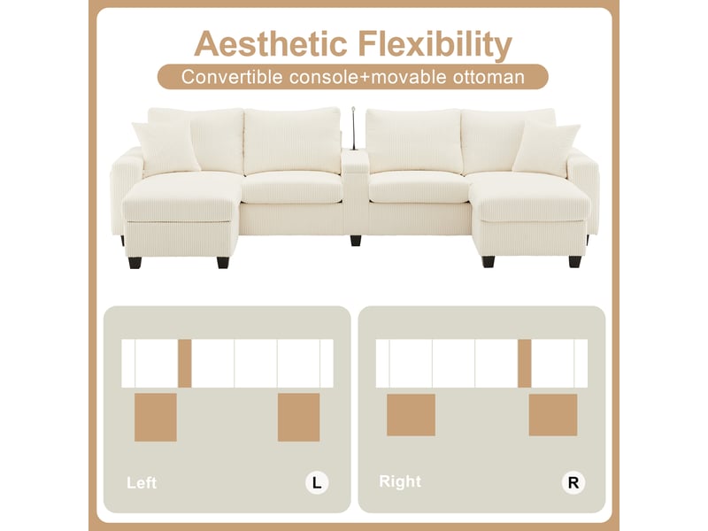  Canapé en u en velours côtelé beige 4 places, avec 2 poufs modulables, éclairage led, liseuse et ports usb pour grand salon moderne.  - Conforama D