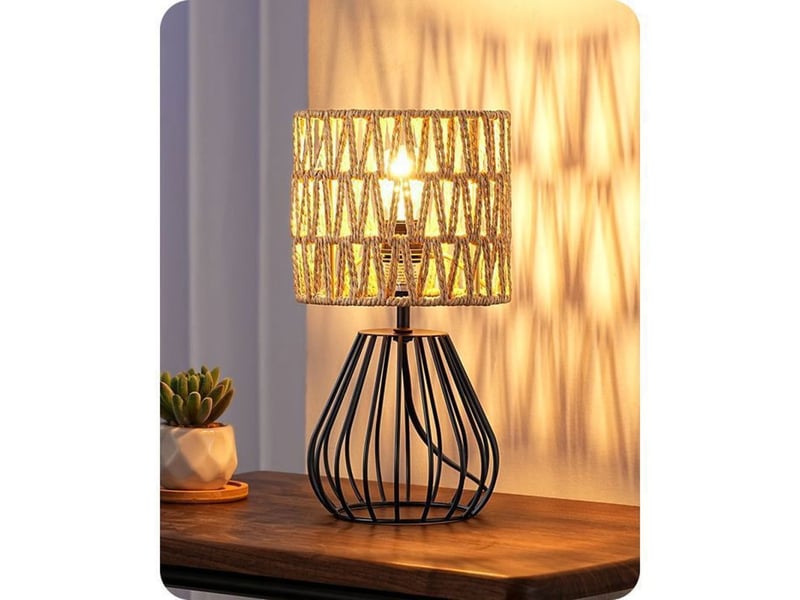  Lampe de chevet t165 style boho industriel noir et abat-jour en corde beige e14 led 2700k hauteur 29 cm 370618_AABJN35653_6_DROPFR - Conforama A