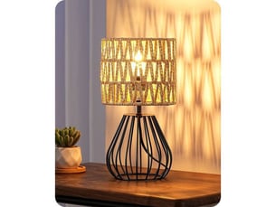 Lampe de chevet t165 style boho industriel noir et abat-jour en corde beige e14 led 2700k hauteur 29 cm
