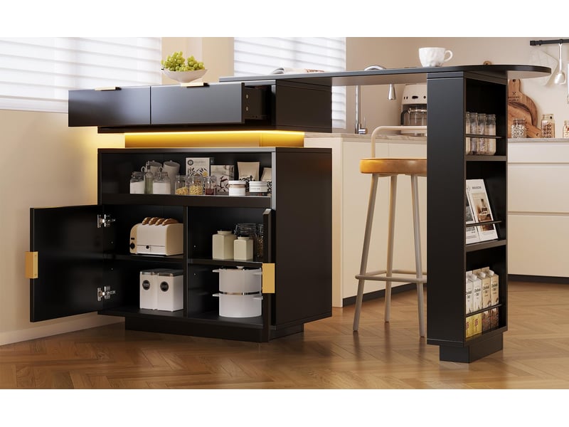  Table de bar extensible avec rangements et led en mdf noir 115-183x40x99,5 cm - pangivo  - Conforama B