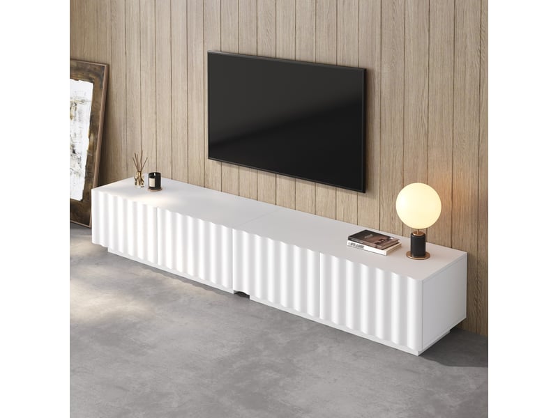  Meuble tv 200x40x35 cm, 1 tiroir, passe-câbles, push-to-open, façades texturées, grand rangement, mdf et pb pour salon - blanc  - Conforama D