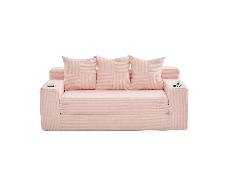 Canapé en tissu coton et lin porte-boisson intégré poches latérales convertible en trois places design sans cadre coussins tricotés dossier intégré assise spacieuse - Conforama A