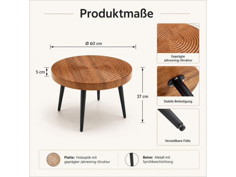 Table basse ronde 60cm effet bois de noyer et métal noir – design cannelé et pieds réglables - Conforama B