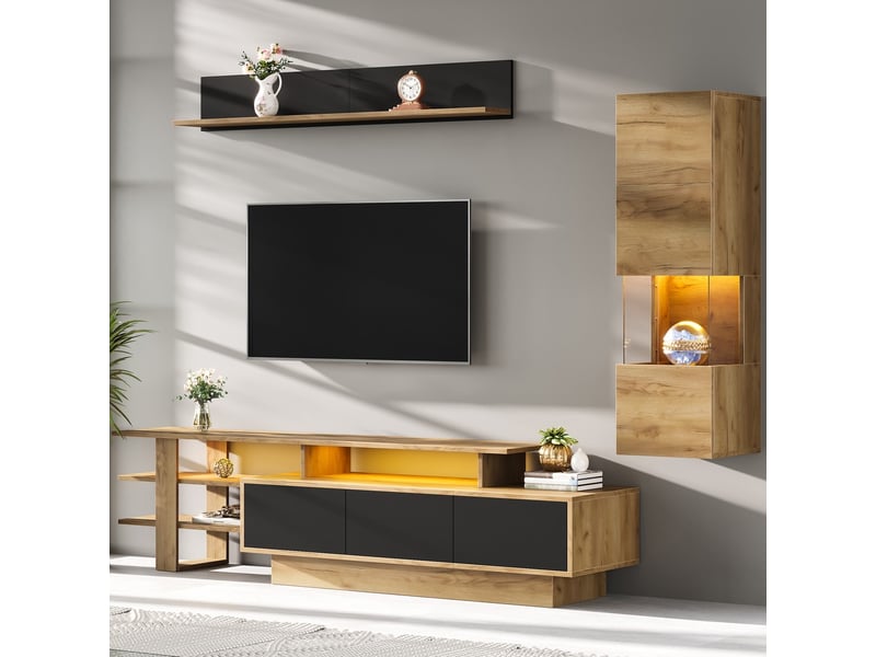 Ensemble meubles tv 3 pièces éclairage led 1 meuble tv 1 vitrine salon 1 étagère suspendue télé 80 pouces noir bois naturel meuble tv 3 tiroirs - Conforama D