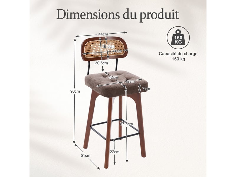 Lot de 2 tabourets de bar pivotants 360° avec dossier en rotin et assise en chenille, marron, 44 x 51 x 96 cm Fay Lum - Conforama C