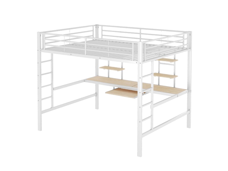  Lit mezzanine blanc 140x200cm avec escalier rangement, bureau, structure robuste, gain de place, durable - fer - pour enfant ado  - Conforama D