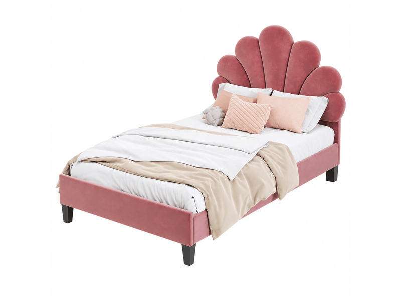 Lit enfant rembourré 90x200 cm, tête de lit fleur en velours, sommier à lattes, lit fille, beige rosé OMNIGLINT TRADING LTD - Conforama A