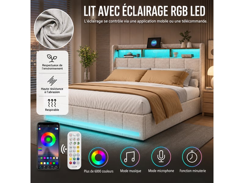  Lit 2 places 140x200 cm - lit capitonné avec led et usb - lit adulte avec 4 tiroirs - lit de rangement avec sommier à lattes - lin beige  - Conforama R