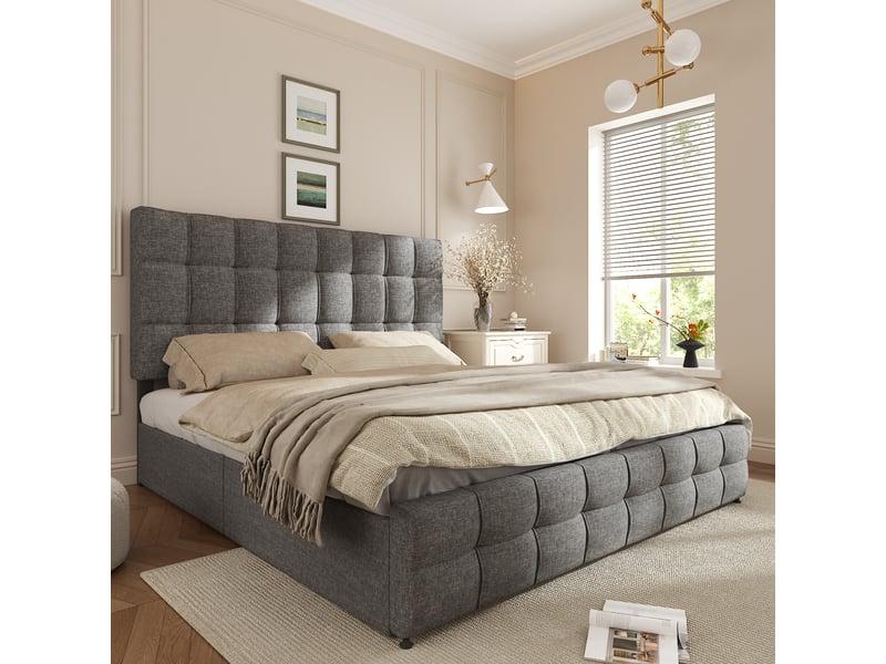 Lit double 140x200 avec 4 tiroirs, sommier et matelas inclus, tissu gris - Conforama D