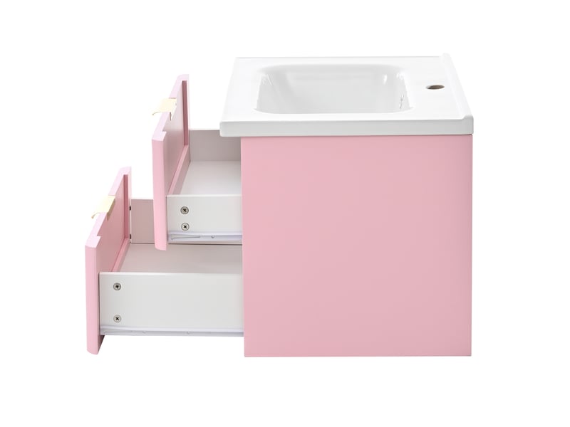Meuble de salle de bain suspendu rose avec vasque. Meuble sous lavabo 60 cm avec rangement, structure mdf et céramique, rose et blanc. - Conforama E