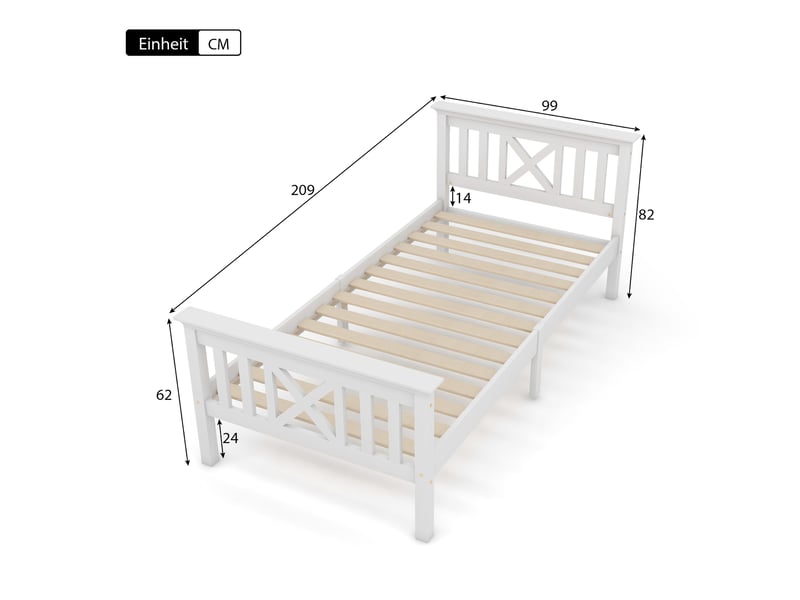  Lit simple 90 × 200 cm avec rangement sous lit, tête de lit en x, sans matelas, en bois massif, blanc  - Conforama D