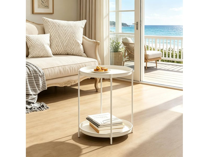  Table d’appoint ronde en métal – 2 plateaux amovibles – blanc crème – ø 44 x h 53 cm  - Conforama C