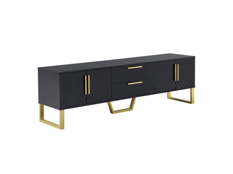  Meuble tv brillant élégant avec portes texturées, poignées et pieds dorés, rangement fonctionnel  - Conforama E