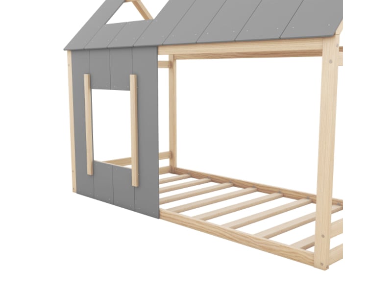  Lit simple enfant 90x200cm, lit en bois, lit cabane, forme de maison, gris + naturel  - Conforama E