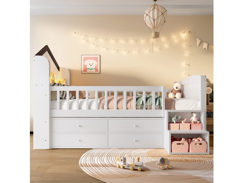 Lit mezzanine 90x200 cm, 4 tiroirs et échelle avec étagères, led, en bois, blanc, sans matelas - Conforama B