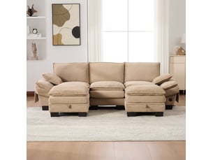 Canapé d'angle panoramique fixe <strong>MAISENTIEL</strong> <strong></strong> 3 places Velours côtelé taupe avec coffre de rangement
