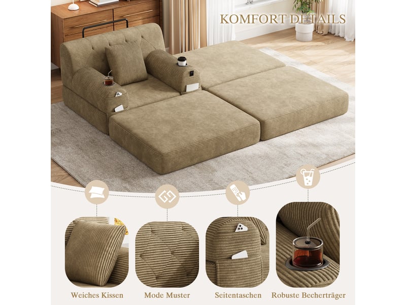  Fauteuil convertible velours avec repose pieds mecanisme inclinable dossier haut porte verres pochettes kaki  - Conforama E
