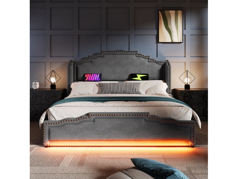  Lit coffre 160 × 200 cm 2 places avec 4 tiroirs, led réglable, usb et type-c, matelas inclus, velours gris  - Conforama C