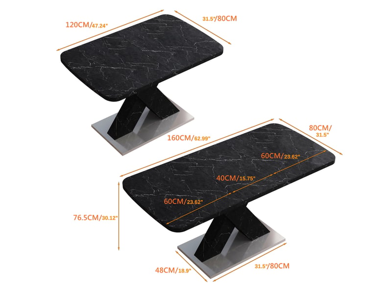 Table de salle à manger extensible avec pied en x, décor marbre noir, en mdf et acier, 120 à 160 × 80 × 76,5 cm - Conforama E