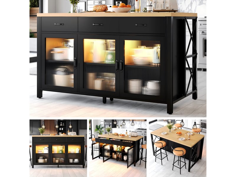  Îlot central de cuisine, 150 x 80 x 90 cm, portes vitrées, avec 3 tiroirs, coloris noir et naturel, pour maison et appartement  - Conforama A