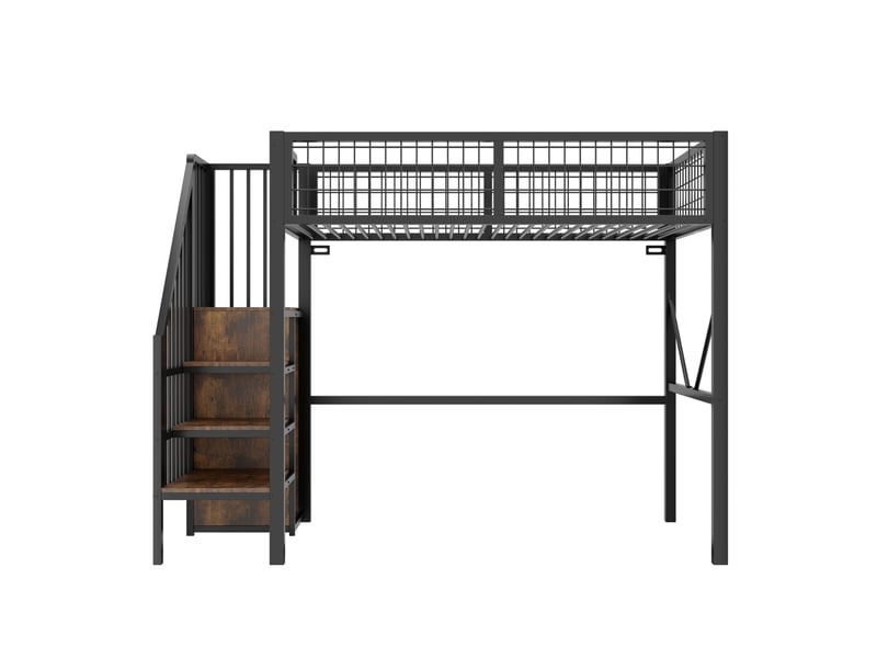 Lit mezzanine 90x200 cm en métal avec led, rangement et échelle, noir, sans matelas - Conforama E