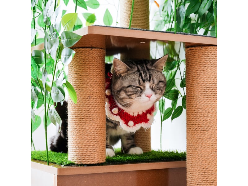 Cat tree design arbre 158cm avec 3 plateformes & niche, mdf étanche & anti-rayures, feuilles amovibles, matériau sécurisé - vert & naturel BUBBLY - Conforama D