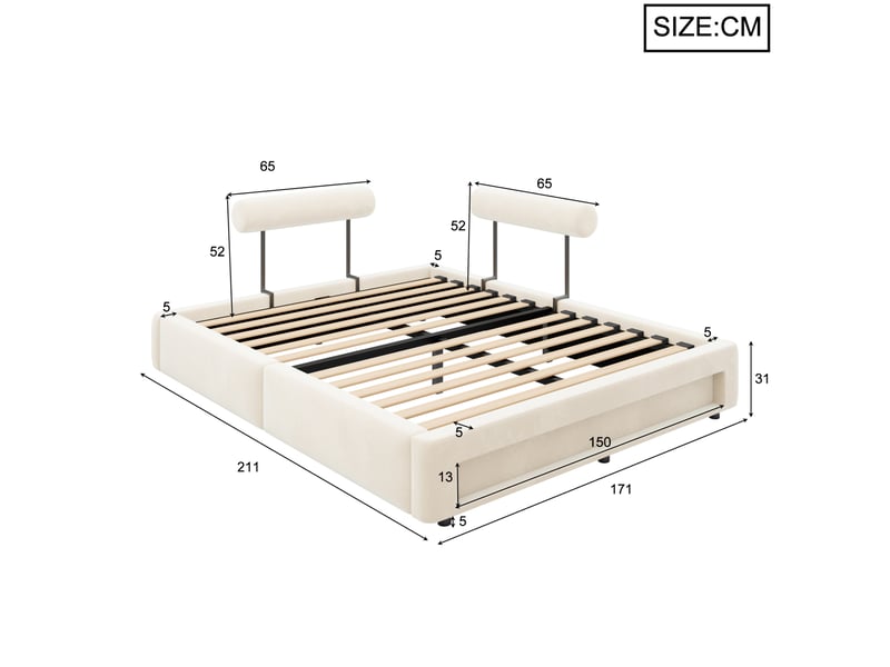 Lit 160x200 cm rembourré avec 2 dossiers réglables et led, velours beige - Conforama E
