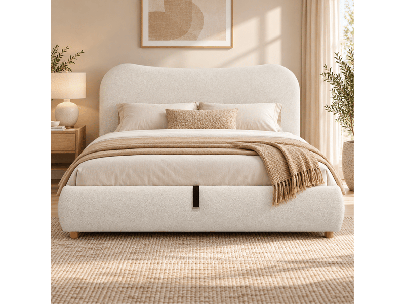  Lit double rembourré 180x200 cm en bouclé avec sommier et rangement hydraulique blanc chicfurn  - Conforama C