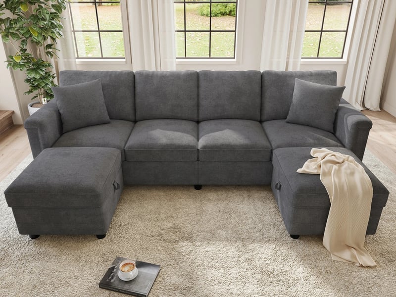  Canapé d'angle moderne ,4 places, avec 2 tabourets de rangement et 2 coussins décoratifs ,261 × 134 × 82 cm,gris  - Conforama B