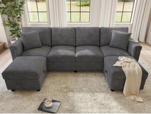 Canapé d'angle gauche fixe <strong>BIQZUYA</strong> <strong></strong> 4 places Tissu gris avec coffre de rangement