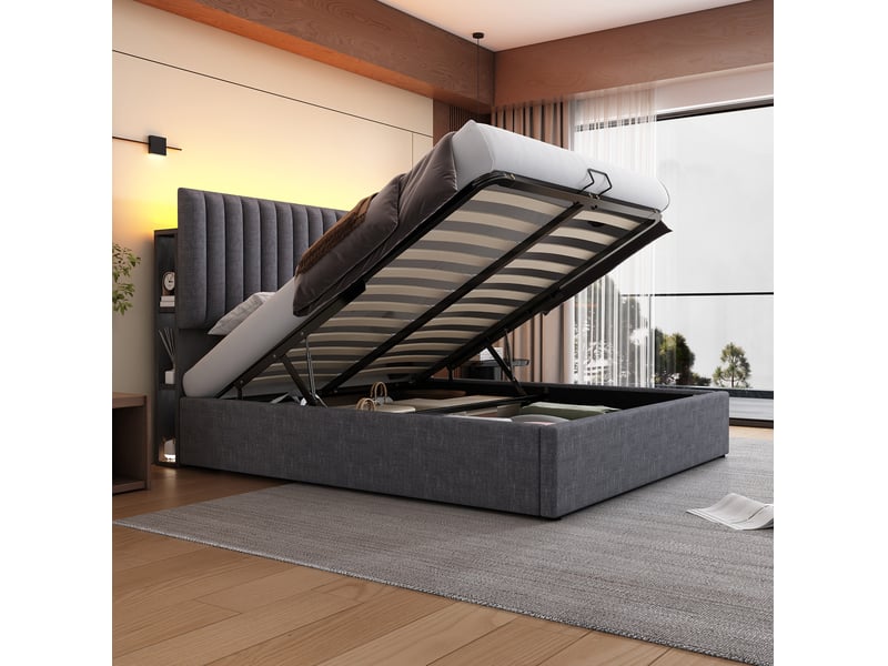 Lit coffre 160x200 cm 2 places avec tête de lit, rangement, led, prises usb et type-c, cadre métallique et revêtement lin gris, sans matelas - Conforama E