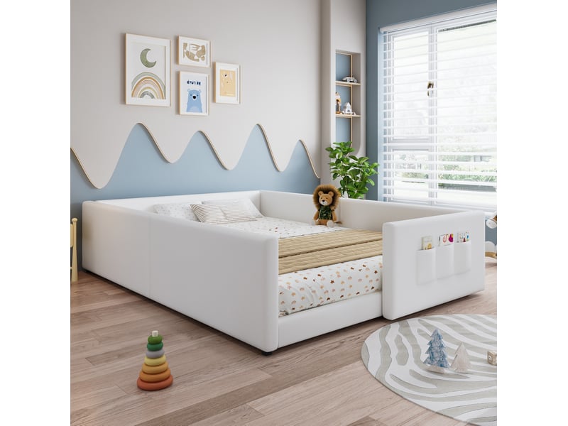  Lit enfant 140x200 cm avec 3 poches de rangement, design entouré, en tissu, blanc, sans matelas  - Conforama E