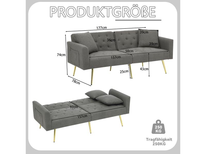  Canapé 2 places convertible 177x78x74 cm gris en tissu bouclette, dossier réglable 3 positions, pieds métal doré  - Conforama C