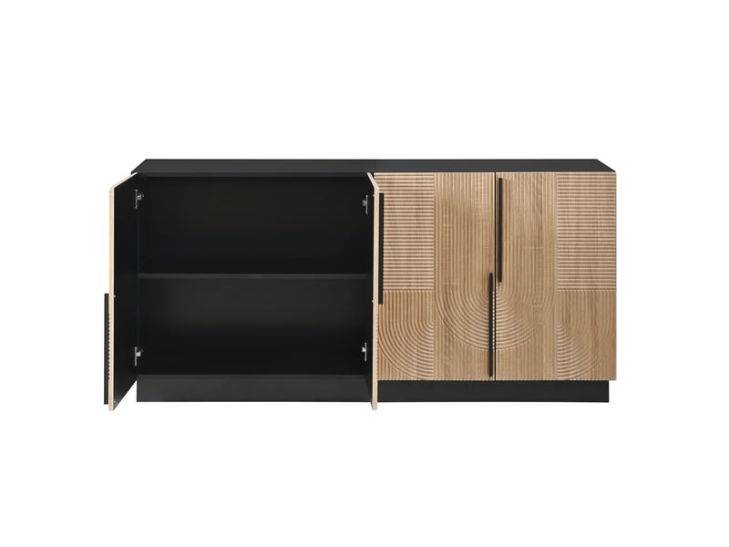  Buffet de cuisine, 160x35x80cm, buffet bas de salle à manger vaisselier, bois et métal avec 4 portes cannelées et étagères réglables, noyer et noir  - Conforama A