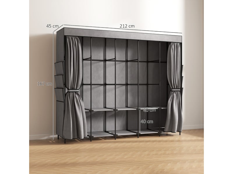  Armoire en tissu avec 5 tringles, 5 étagères, 6 poches latérales, fermeture éclair, structure en acier, 212 x 45 x 167 cm, grise  - Conforama E