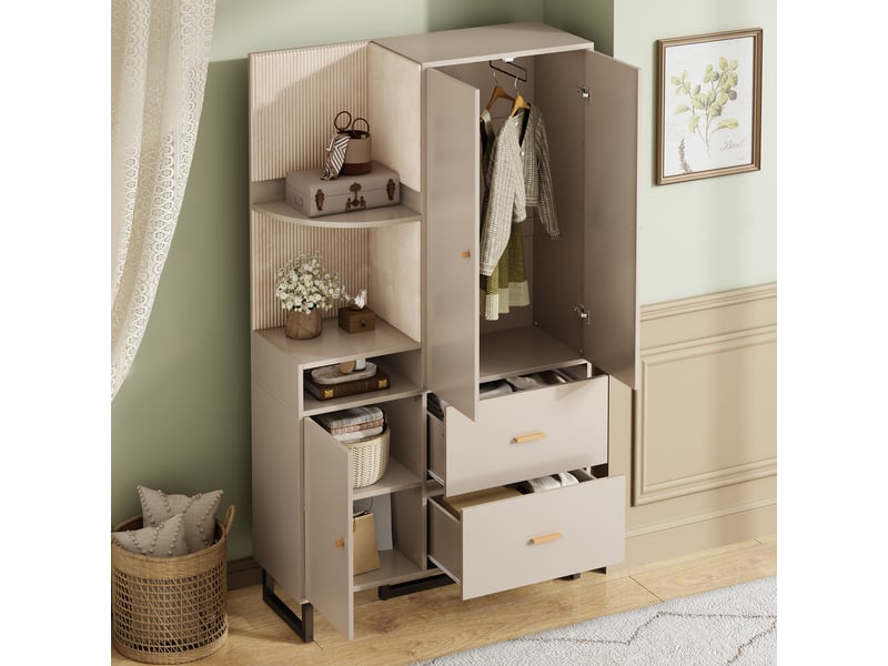  Armoire d'entrée 110x38x186 cm - vestiaire avec panneau rembourré, penderie, 2 tiroirs, rangement chaussures  - Conforama B
