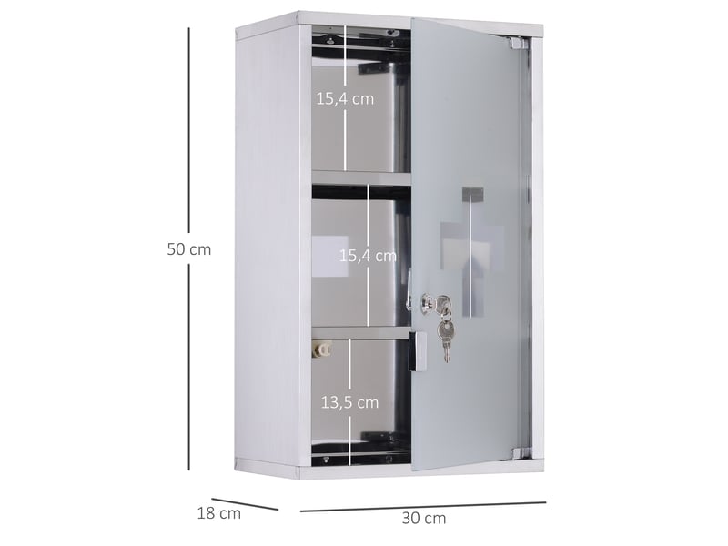  Armoire à pharmacie 30 x 18 x 50 cm argentée en acier inoxydable, porte verrouillable en verre satiné  - Conforama C